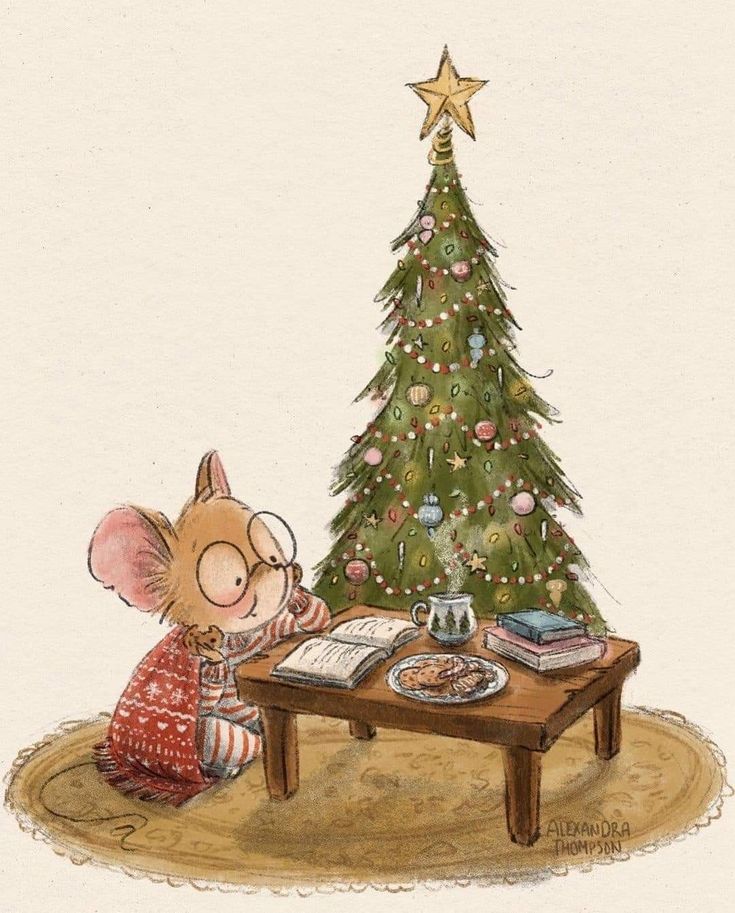 a drawing of a mouse sitting at a table reading a book next to a christmas tree