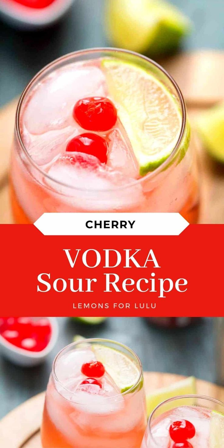 two glasses filled with vodka sour and garnished with cherries on the rim