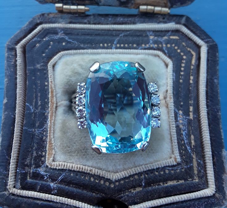 Absolutely Stunning 14k White Gold Diamond Aquamarine ring... Perfect Vintage Pre Owned Condition. Size 5, sizable. Weight 9.05 Grams. Color of Aquamarine is light to Medium blue, in depend on lighting. Aquamarine is about 18mm x 13mm.. Some Pics ENLARGED to see details. check Measurements please. all sales are final. Antique Box for Display Only. Gold and diamonds was tested by jeweler. Aquamarine Wedding, Emerald Wedding, Sapphire Wedding, Aquamarine Ring, Colombian Emeralds, Antique Boxes, Aquamarine Rings, Cocktail Ring, Pink Sapphire