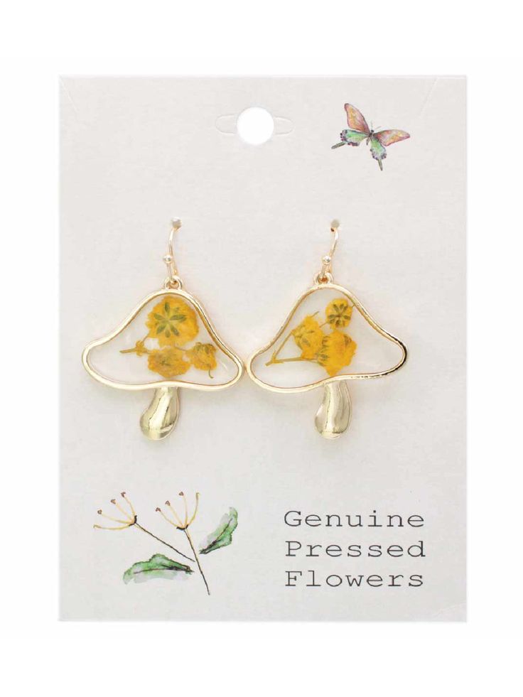 These fun vintage-inspired mushroom earrings feature yellow dried flowers embedded in clear acrylic with a gold border. Gold tone details and ear wires. 1.25" long. More Pressed flower jewelry here --> Pressed Flower Jewelry, Mushroom Earrings, Gold Border, Crystal Accessories, Flower Jewelry, Pressed Flower, Toe Rings, Flower Jewellery, Pressed Flowers