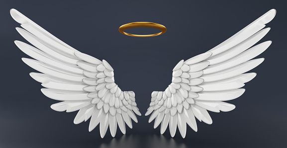 two white angel wings with gold halos on a dark background 3d renderer image