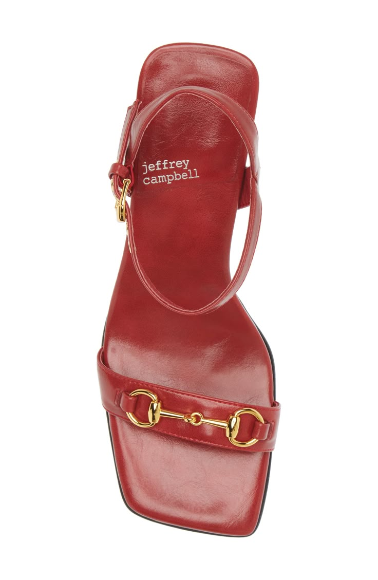 A classic, goldtone horsebit accents the slender vamp strap of this sandal lofted by a sturdy block heel. 3 1/2" heel (size 8.5) Leather upper/leather and synthetic lining/synthetic sole Imported Beachy Heels, 70s Heels, Going Out Heels, Red Heels Outfit, Red Kitten Heels, Jeffrey Campbell Sandals, Small Heels, Jeffrey Campbell Heels, Fall Heels