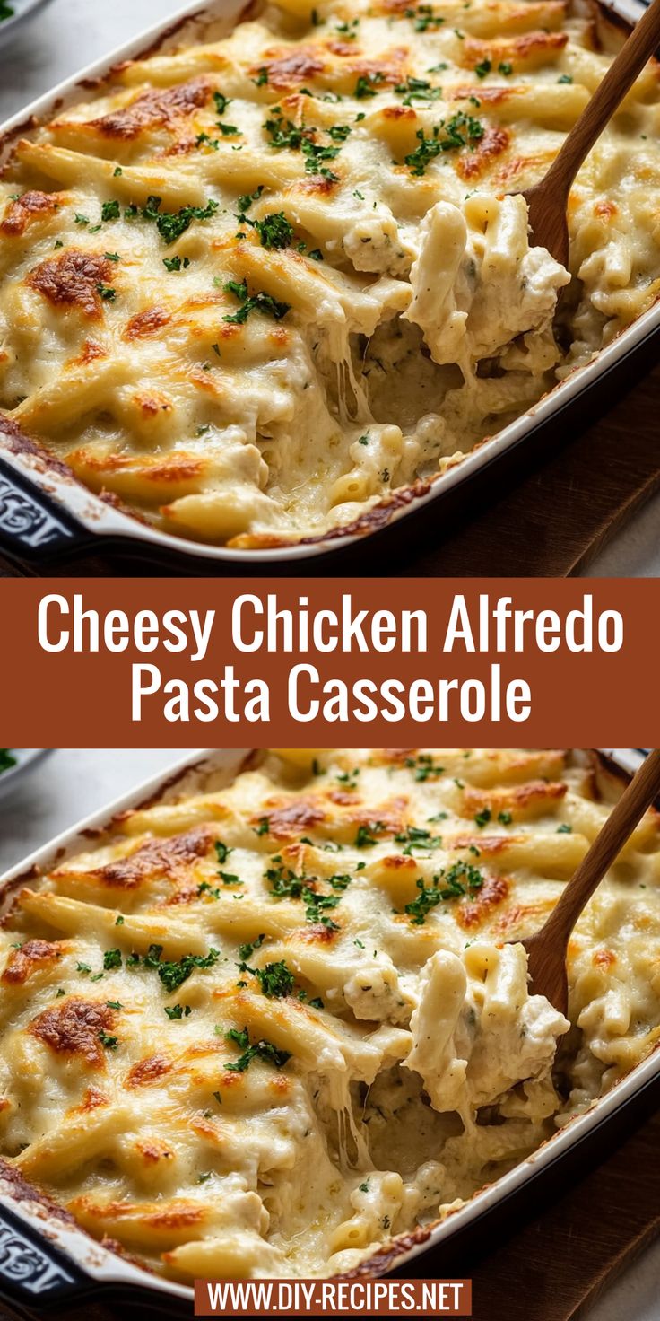 cheesy chicken alfredo pasta casserole in a baking dish