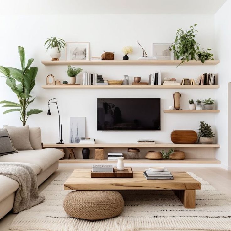 a living room filled with furniture and a flat screen tv mounted on a wall above a wooden coffee table