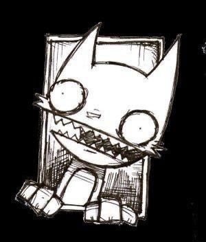 a black and white drawing of a cat with fangs on it's face next to a window