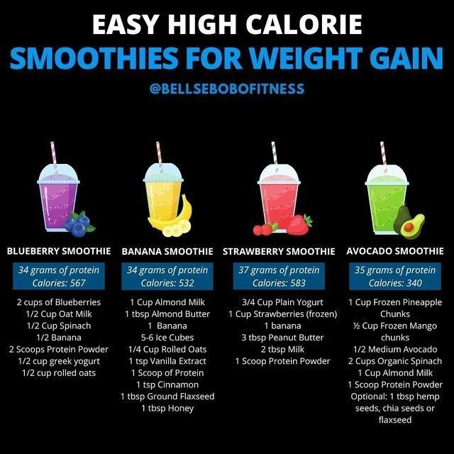 an image of smoothies for weight gain chart with drinks in each cup and the words, easy high calorie smoothies for weight gain