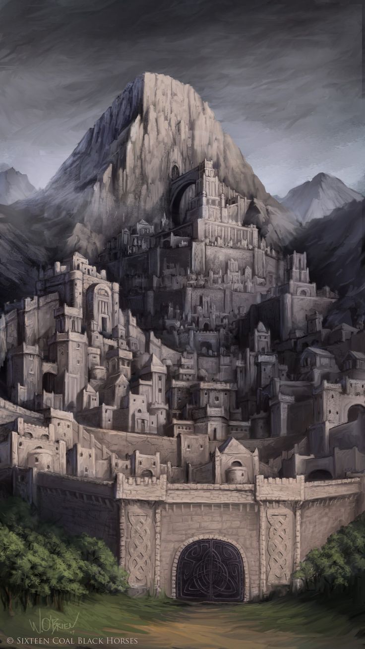 a painting of a castle in the middle of a mountain range with mountains behind it