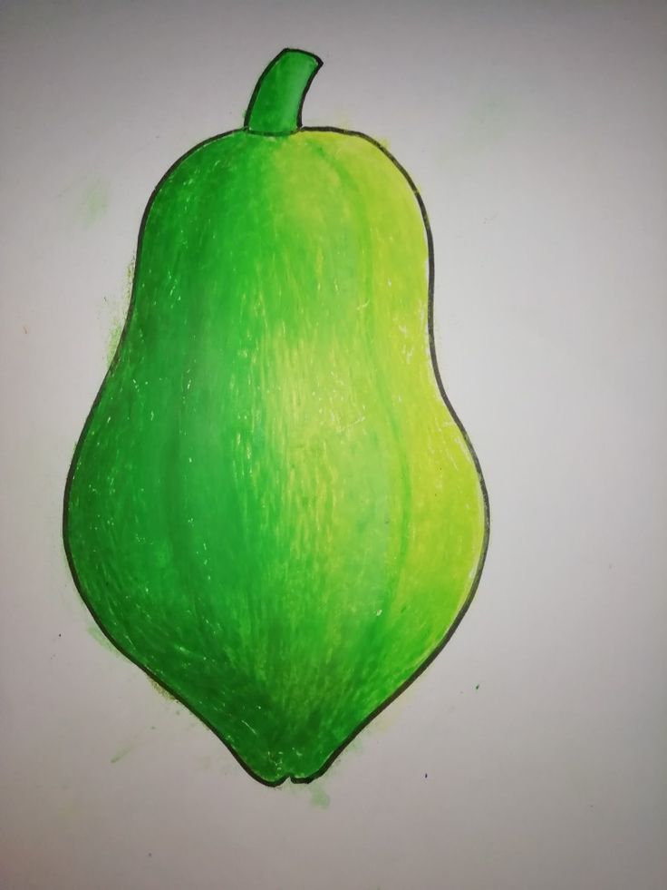 a drawing of a green apple on a white surface with the top half painted bright green