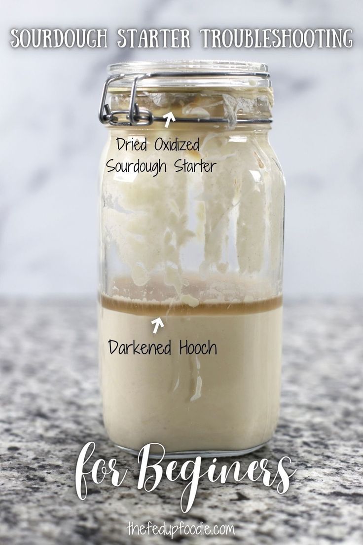 the ingredients for sourdough starter troubleshooting in a glass jar on a marble countertop