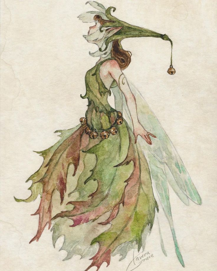 a watercolor painting of a woman dressed as a leaf fairy