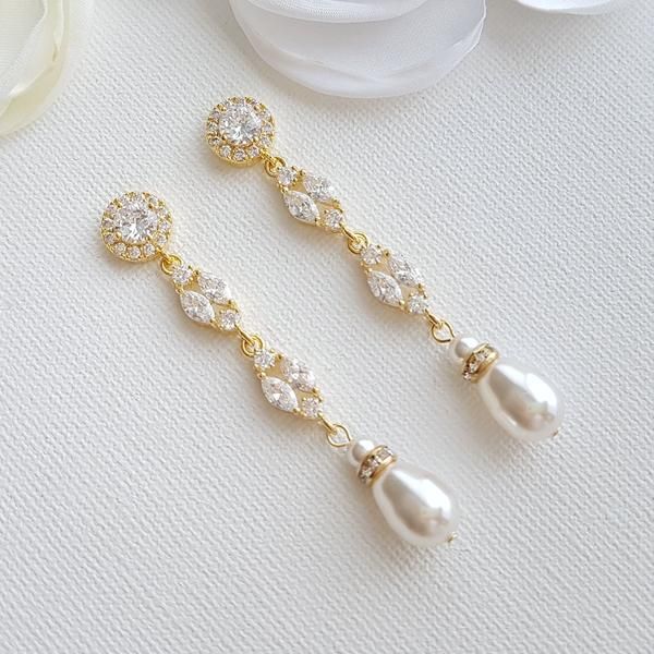 Gold Clip On Pearl Earrings Backdrop Necklace, Rose Gold Bridal Earrings, Backdrops Necklace, Crystal Earrings Wedding, Bracelet Rose Gold, Long Gold Earrings, Gold Bridal Jewellery Sets, Bridal Earrings Drop, Wedding Earrings Drop