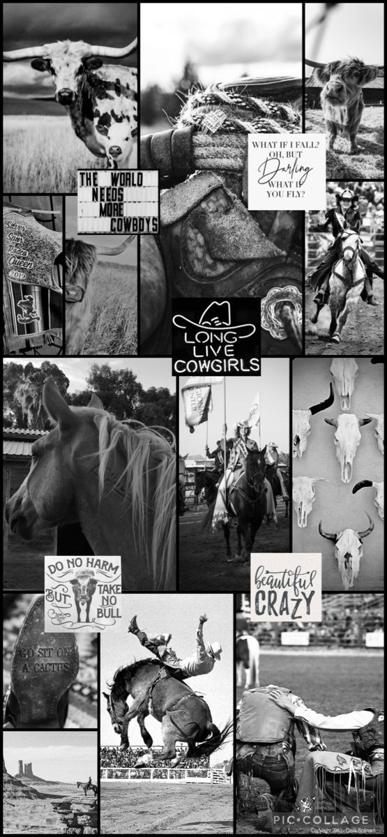 black and white collage with images of horses, cowgirls, cowboy's