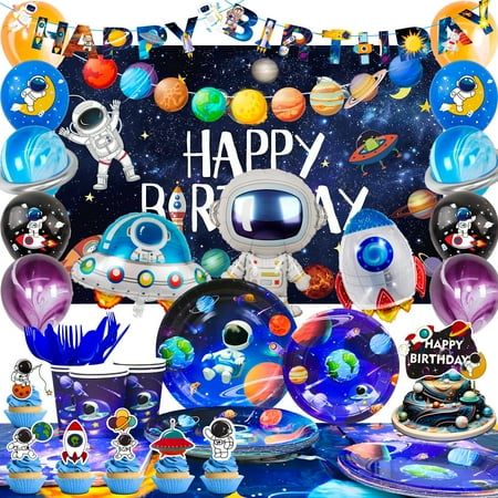 a space themed birthday party with balloons and decorations