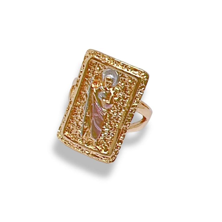 San judas rectangular ring in 18k of gold plated rings Gold Mexican Rings, San Judas Tadeo Ring, Virgencita Gold Ring, San Judas Necklaces Women, San Judas Gold Rings, Dream Jewelry, Ring Designs, Gold Rings, 18k Gold