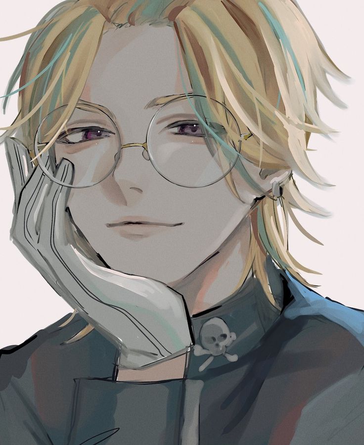 an anime character with blonde hair and glasses holding his hand up to his face while looking at the camera