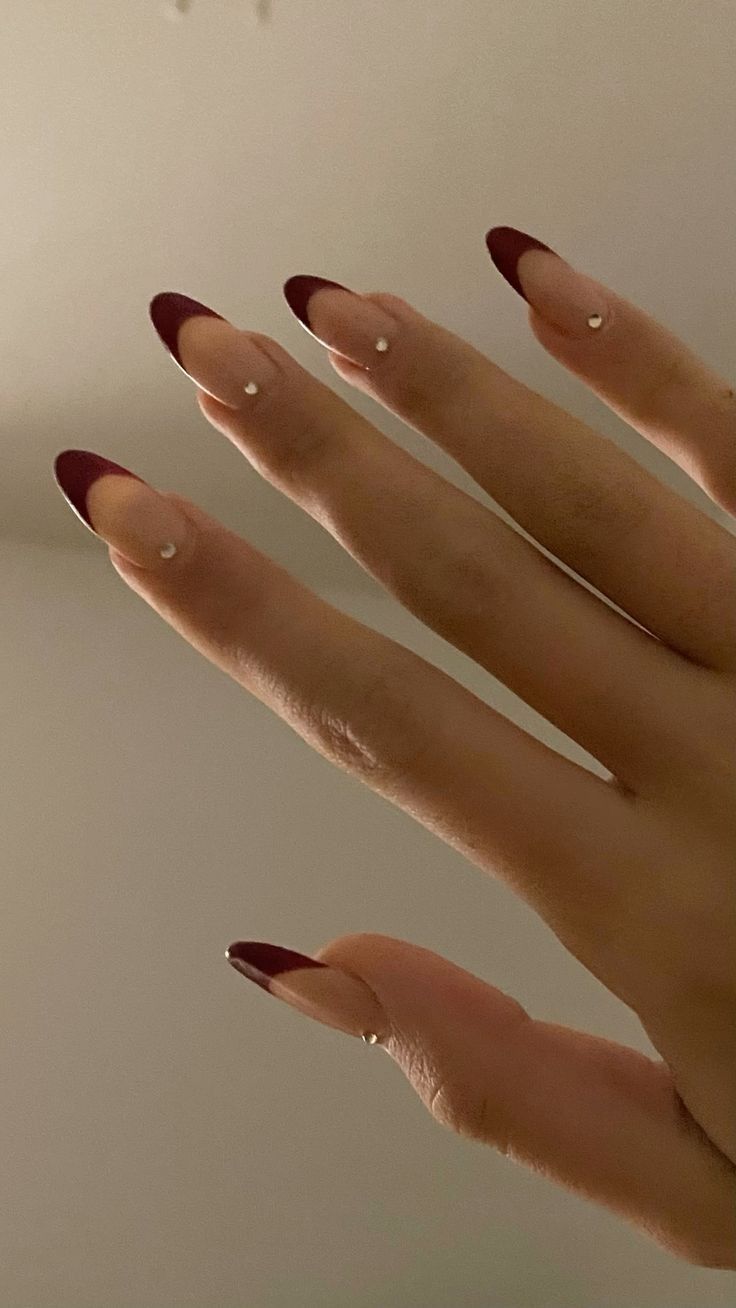 Nails Semi Formal, Dark Red Sparkle Nails Acrylic, Pretty Nails For Prom, Nail Inspo Dark Feminine, Dark Red Nails Sparkle, Nails For Dark Red Dress, Dark Red Nails With Pearls, Dark Red Nails Acrylic Short, Red Tip Nails With Design