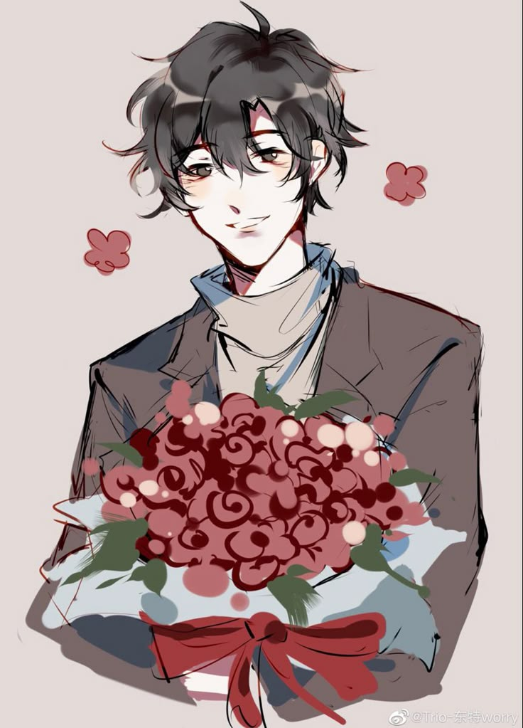 an anime character holding a bunch of flowers in his hands and looking at the camera