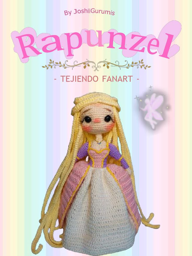 a crocheted doll with long blonde hair wearing a white dress and purple shoes