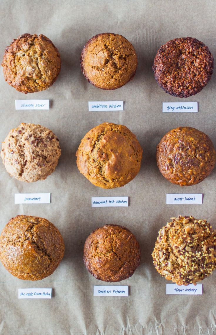 twelve muffins with labels on them sitting on a piece of waxed paper