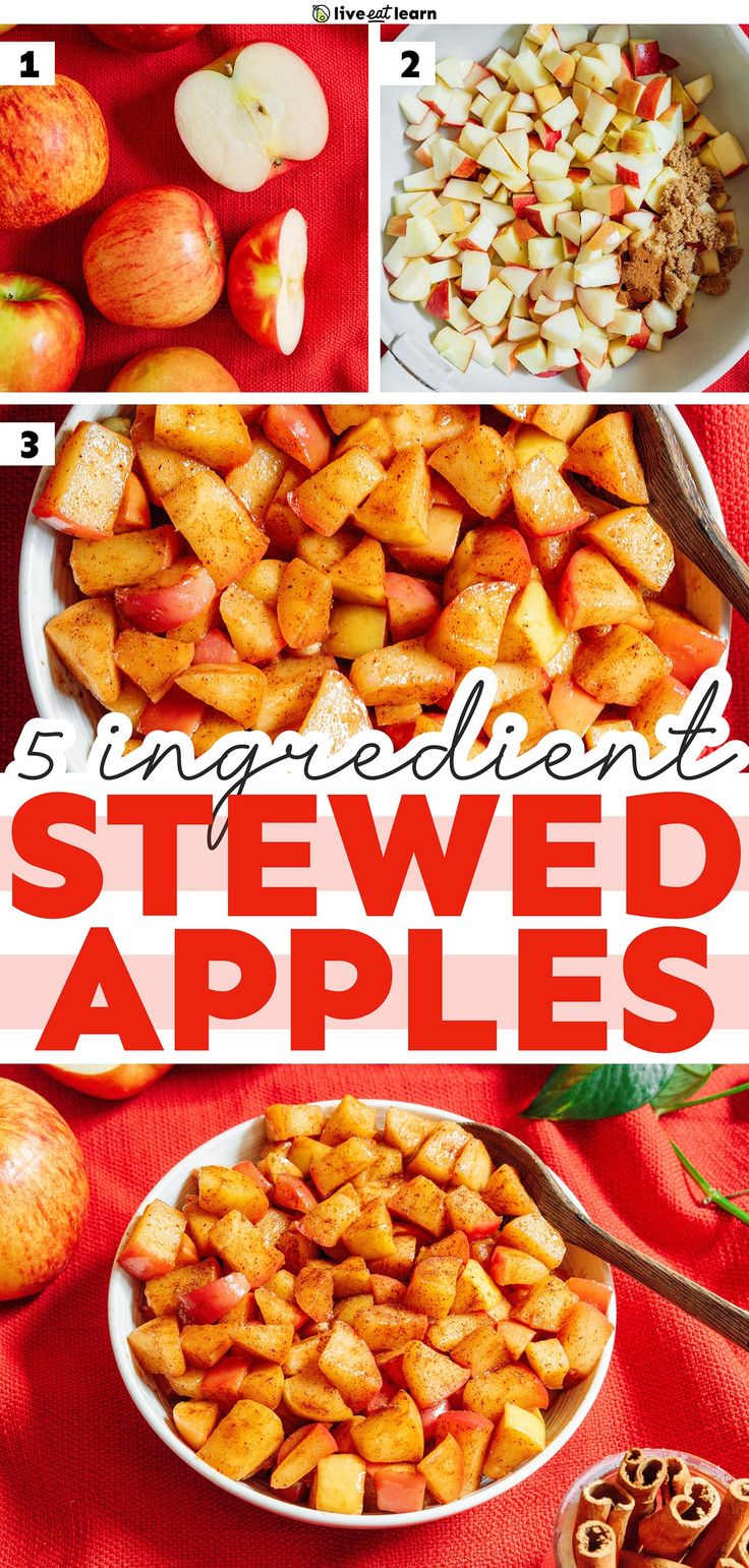 apples and other fruits are shown in this collage with the words ingredients for stewed apples