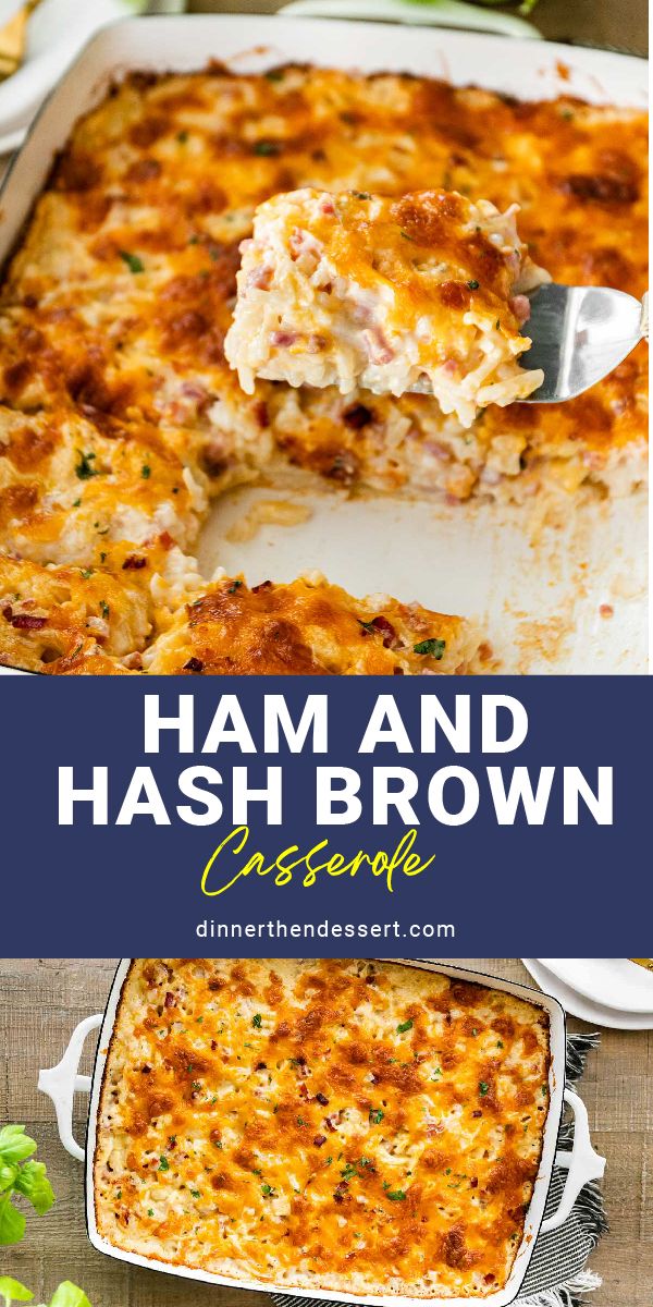 ham and hash brown casserole with a serving spoon