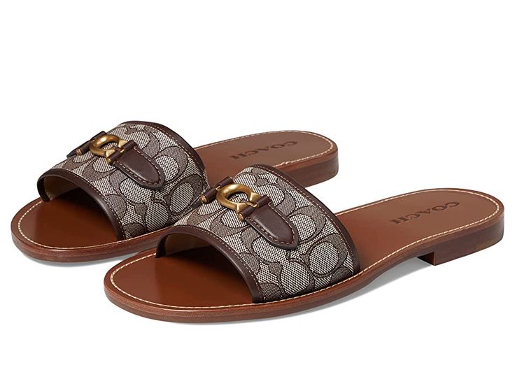 COACH Ina Jacquard Sandal - Women's Shoes : Maple/Oak : Please Note: COACH items cannot be shipped to military addresses (APO or FPO) and addresses in Hawaii, the Virgin Islands, Guam or any other locations outside of the continental US. The COACH Ina Jacquard Sandals feature a wide strap with hardware detailing and easy to wear design. Textile upper. Leather and synthetic lining and insole. Easy slip-on style. Open round toe. Textile and synthetic outsole. Imported. Measurements: Heel Height: 3 Jacquard Shoes, Coach Slippers, Guess Slides, Zappos Shoes, Coach Slides, Mk Sandals, Coach Heels, Coach Sandals, Flat Sandals For Women