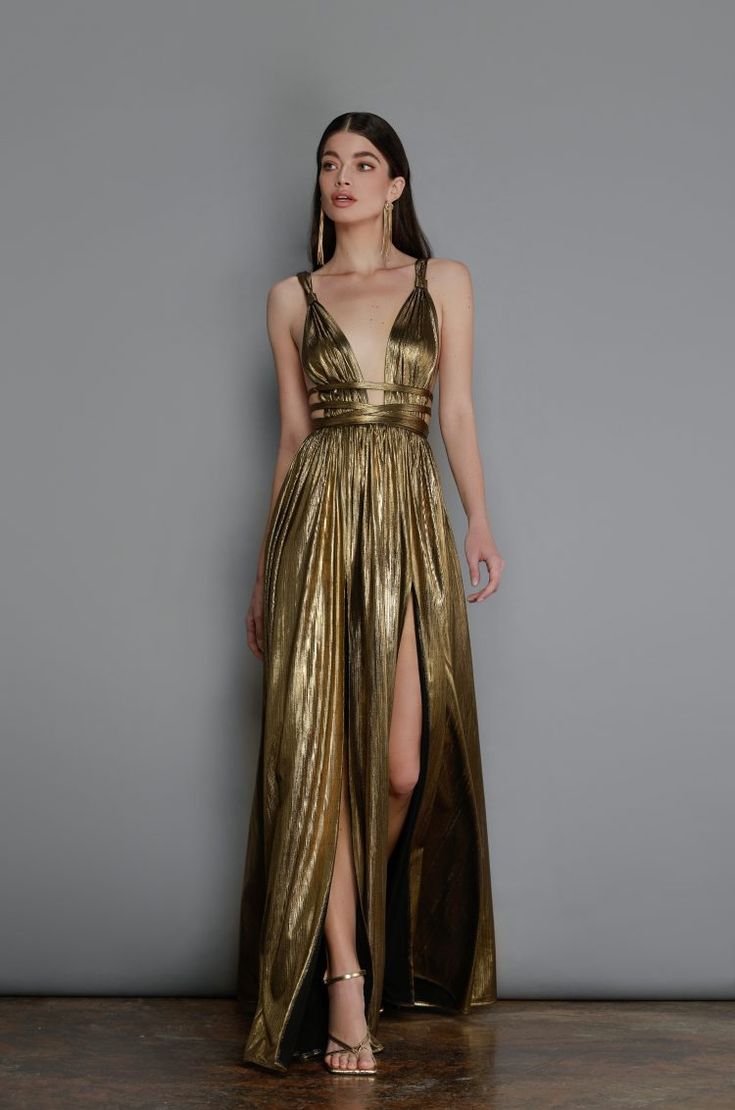 Black And Gold Gala Dress, Golden Dress Casual, Luxury Gold V-neck Dress, Gold V-neck Evening Dress For Prom, Glamorous Metallic V-neck Maxi Dress, Glamorous Gold Floor-length Maxi Dress, Metallic Maxi Evening Dress For Gala, Metallic Maxi Length Evening Dress For Gala, Gold Formal Floor-length Maxi Dress