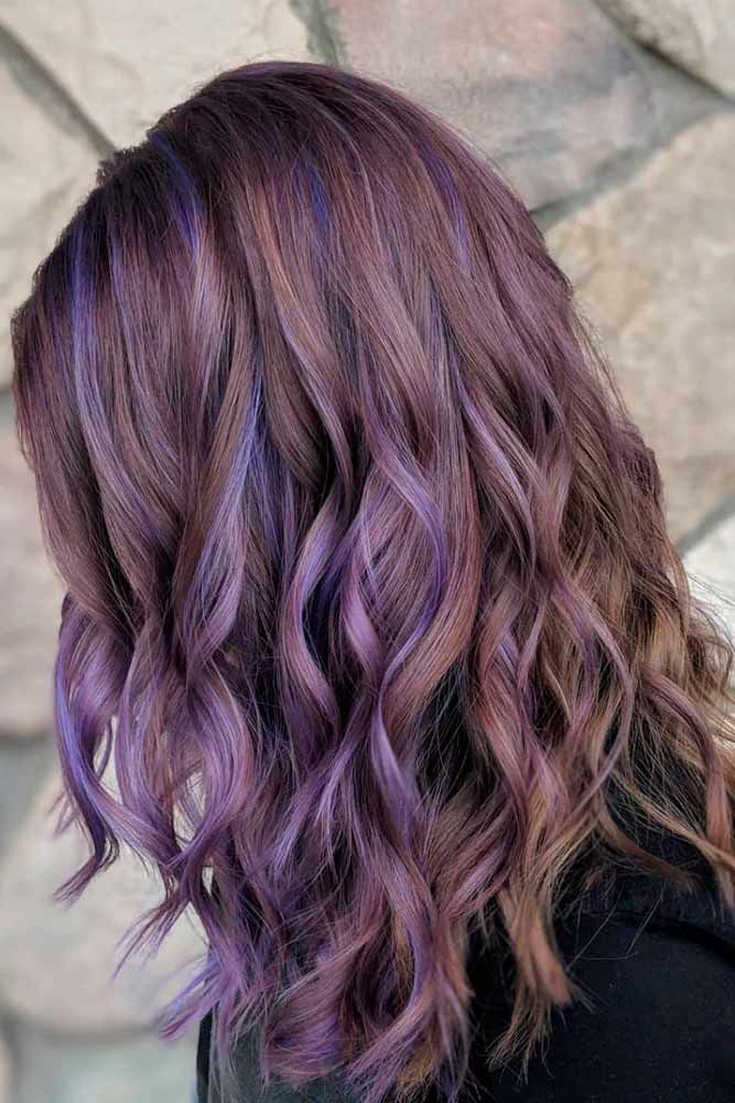 Brown Hair With Purple Highlights #ashhair #purplehair Brown Hair With Purple Highlights, Brown Hair With Purple, Hair With Purple Highlights, Purple Highlights Brown Hair, Hair With Purple, Purple Brown Hair, Brown Hair With Highlights And Lowlights, Purple Hair Highlights, Golden Brown Hair