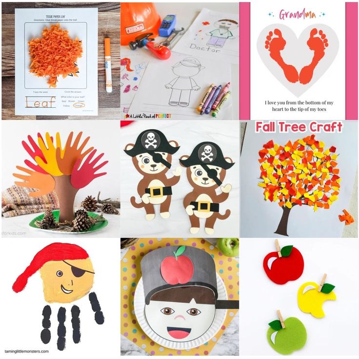 the collage shows different crafts and activities for children to do with paper plates, pumpkins, apples, leaves