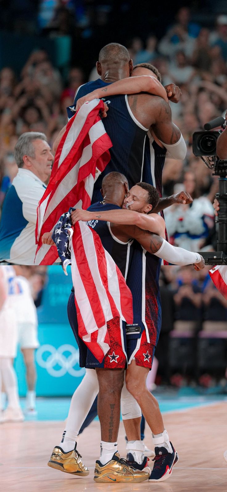 two men hugging each other while holding an american flag in front of the olympic team