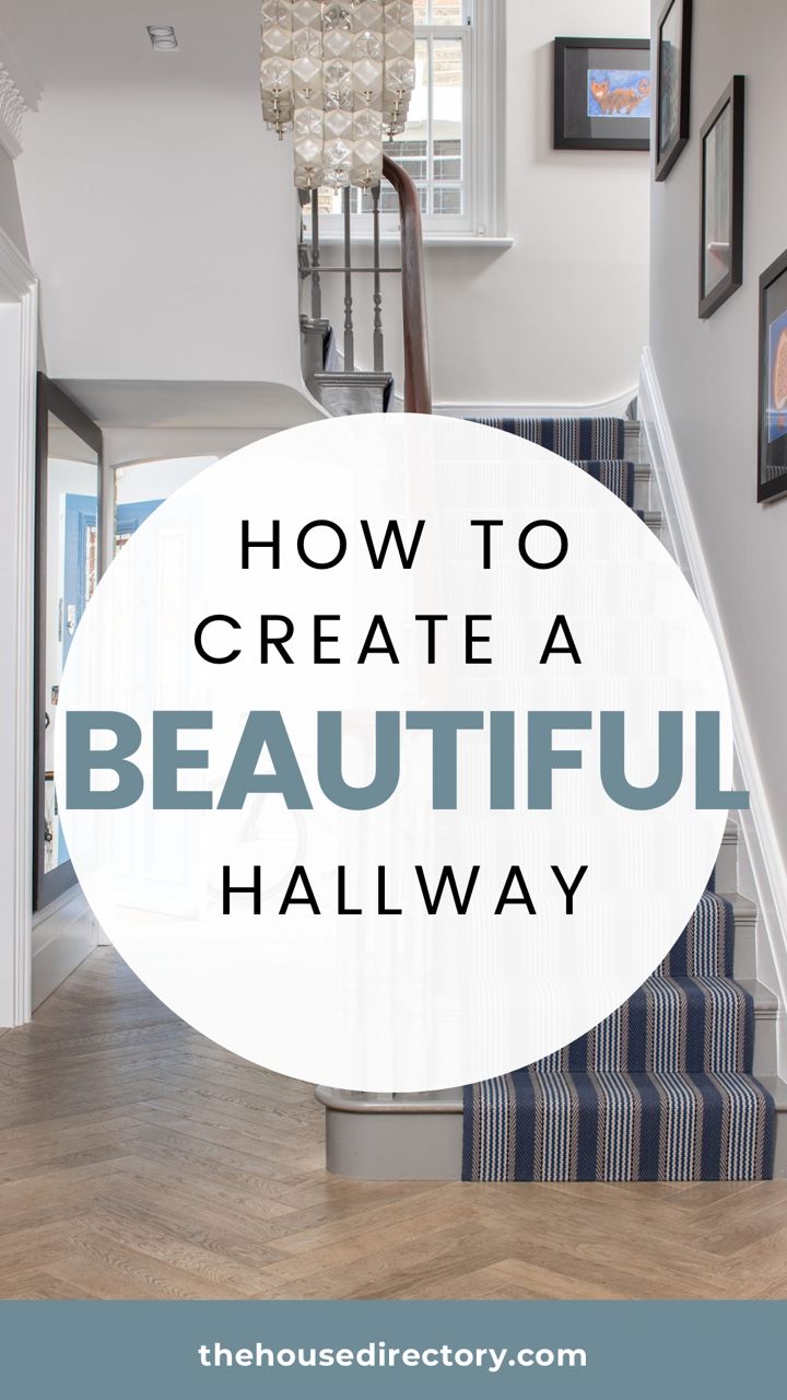 stairs with the words how to create a beautiful hallway in white and blue, surrounded by pictures