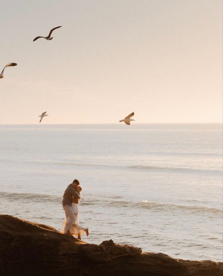 two people standing on the edge of a cliff by the ocean with seagulls flying overhead