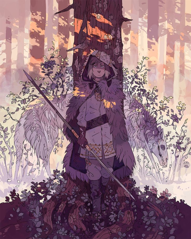 a drawing of a woman standing next to a tree in the woods with two swords