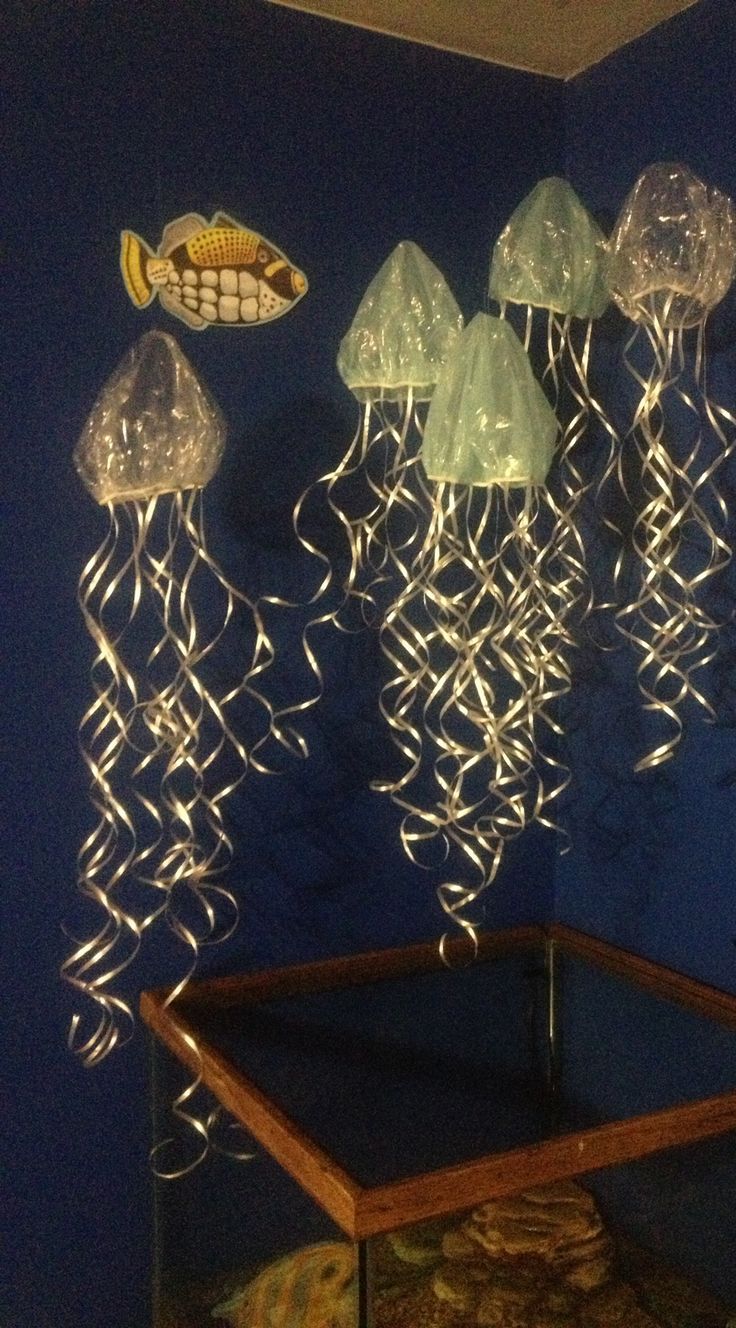 an aquarium with many different types of jellyfish hanging from it's sides