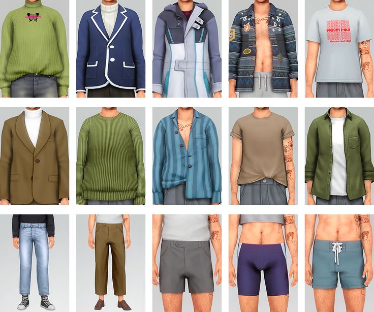 many different men's clothing are shown in multiple pictures, including shorts and sweaters