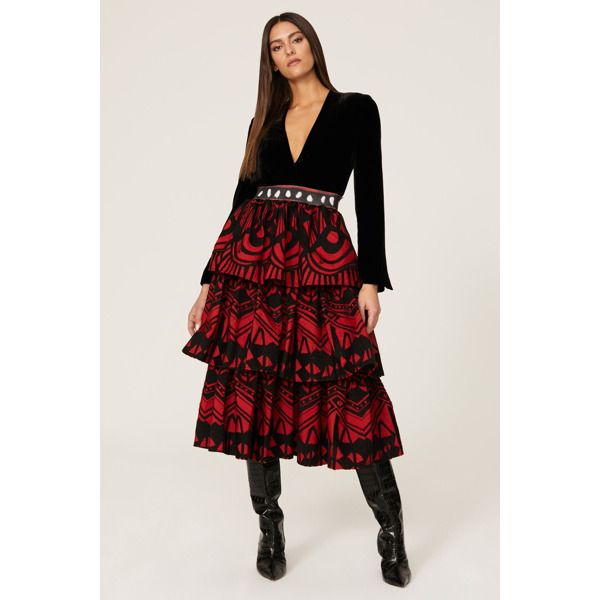 Red and black polyester (100% Polyester). Midi. Pull on. 34.5" from waist to hemline. Imported. Red Tiered Skirt For Fall, Red Midi Party Dress, Jean Midi Skirt, Tiered Midi Skirt, Stella Jean, Rent The Runway, Closet Designs, Black Print, Red And Black