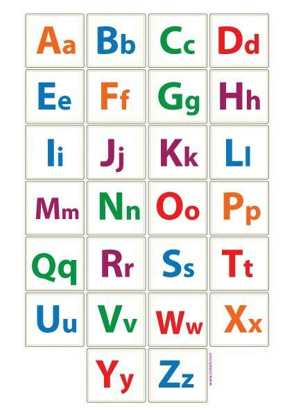 the alphabets are arranged in different colors and sizes, with letters on each side