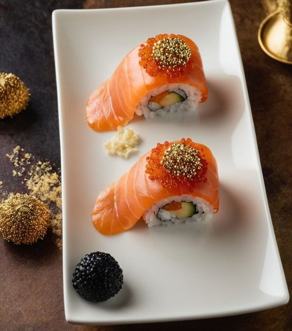 two sushi rolls on a white plate with blackberries and gold flecks