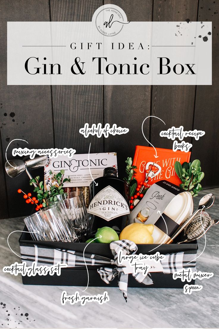 gift idea gin and tonic box with labels on the front, including an assortment of items