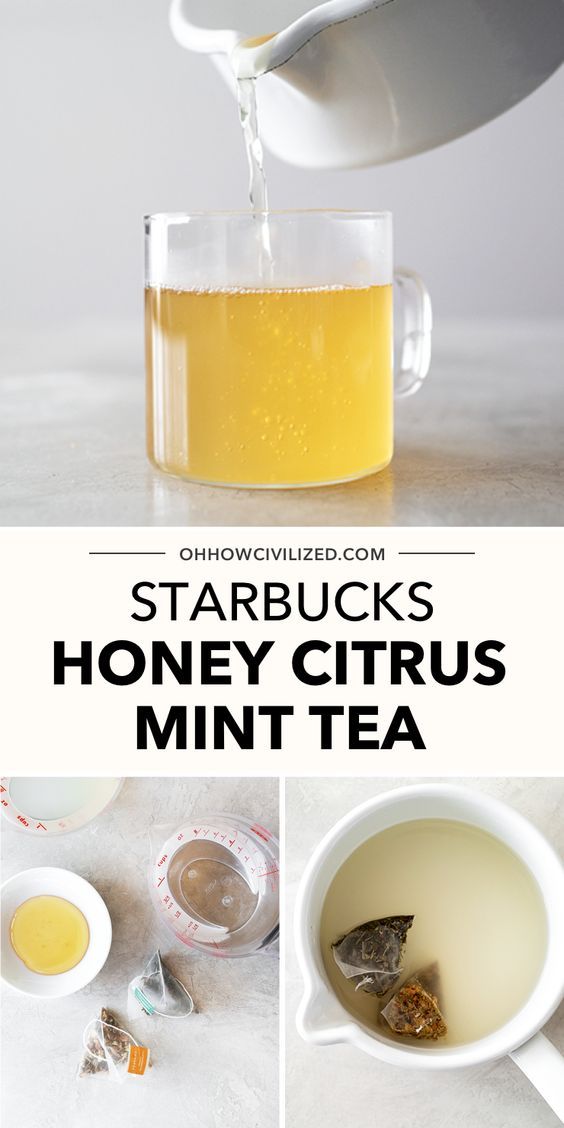 the ingredients for starbucks's honey citrus mint tea are being poured into a mug