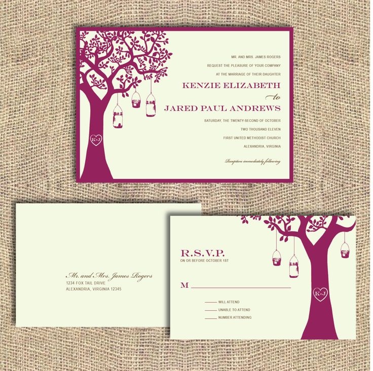 two wedding cards with tree and hearts on them