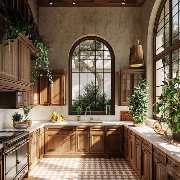 a kitchen with an arched window and tiled flooring is shown in this image, there are potted plants on the counter