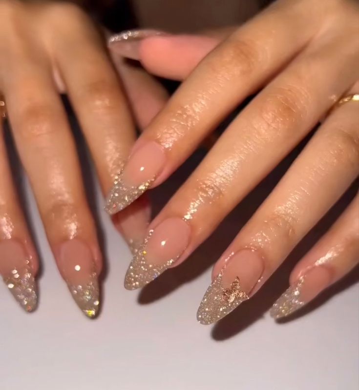 Shimmer Tip Nails, French Tip Nails Shimmer, Wedding Nails With Gold, Gold Nails Inspiration, Gold Rose Nails, Simple Gold Nails, Gold Shimmer Nails, Long Nails Brown, Nails For Darker Skin Tone