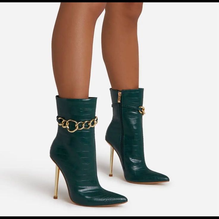 Croc Ankle Booties, Size 7. New In Box. Dark Green Trendy Green Ankle Boot Heels, Trendy Ankle-high Boots With Wrapped Heel, Chic High Ankle Green Boots, Chic Green Closed Toe Boots, Trendy Green Ankle-high Heels, Chic Green Ankle-high Heels, Nude Socks, Maroon Boots, Black Military Boots