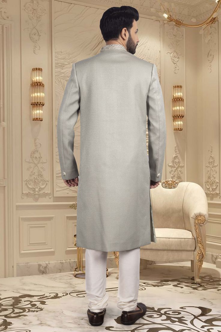 Introducing our latest masterpiece, the Mens Sherwani R14-S65. Made with a delicate pastel color, this sherwani exudes elegance and sophistication. Perfect for special occasions and formal events, this sherwani with unique design make you stand out in the crowd and elevate your style to a whole new level. Classic Unstitched Traditional Wear For Formal Occasions, Classic Fitted Kurta For Festive Occasions, Formal Chikankari Embroidery Straight Kurta Bandhgala, Classic Formal Traditional Wear For Eid, Classic Unstitched Kurta For Formal Occasions, Designer Straight Kurta Sherwani For Wedding, Classic Fitted Naqshi Kurta, Classic Formal Sherwani For Eid, Fitted Classic Traditional Wear For Wedding