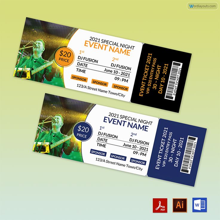 two tickets for an event are shown on a green and blue background with the same ticket