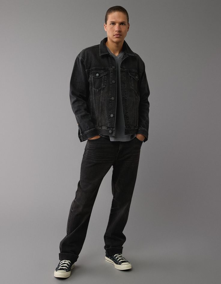 AE Denim Trucker Jacket Classic Black Denim Jacket With Flap Pockets, Urban Black Denim Jacket With Patch Pockets, Urban Black Denim Jacket With Flap Pockets, Black Urban Denim Jacket With Flap Pockets, Black Denim Jacket With Flap Pockets For Streetwear, Black Denim Jacket With Flap Pockets, Black Jeans With Patch Pockets For Spring, Spring Black Jeans With Patch Pockets, Black Washed Button-up Denim Jacket