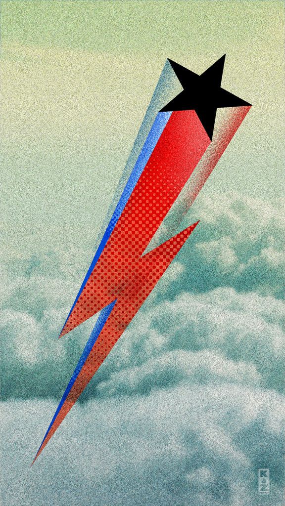 a red, white and blue rocket flying through the sky with a black star on it