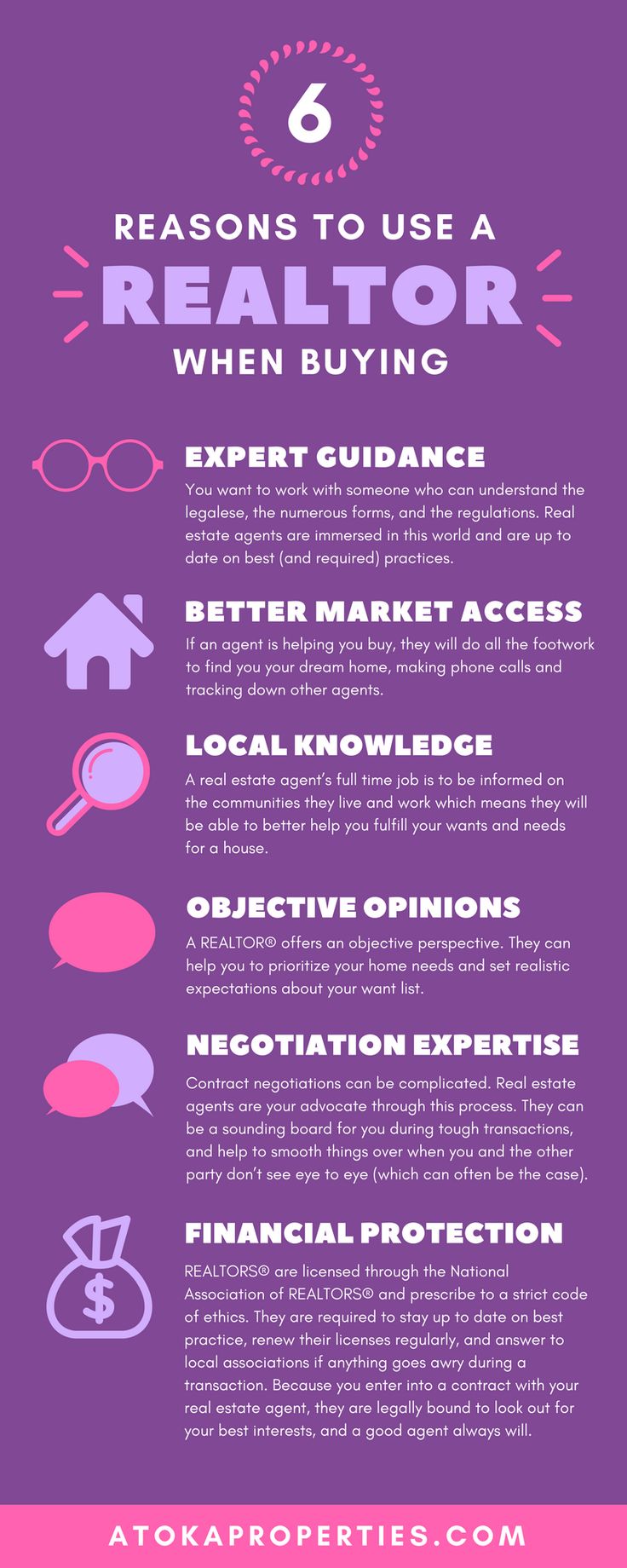 a purple poster with the words 6 reasons to use a realtor when buying