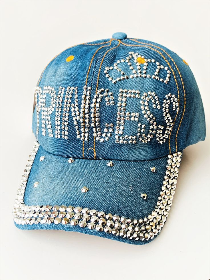 Princess Hat Rhinestones Jeans Denim Hat Cap Beautiful hat, jeans denim fabric, Adult / one size / Adjustable strap ensures a solid and comfortable fit. We ship within one business day. Adjustable Denim Cap, Adjustable Rhinestone Baseball Cap With Curved Brim, Trendy Adjustable Denim Blue Hat, Trendy Snapback Baseball Cap With Rhinestones, Trendy Rhinestone Snapback Baseball Cap, Trendy Rhinestone Hats For Spring, Casual Adjustable Baseball Cap With Rhinestones, Casual Snapback Baseball Cap With Rhinestones, Adjustable Blue Hat With Rhinestones